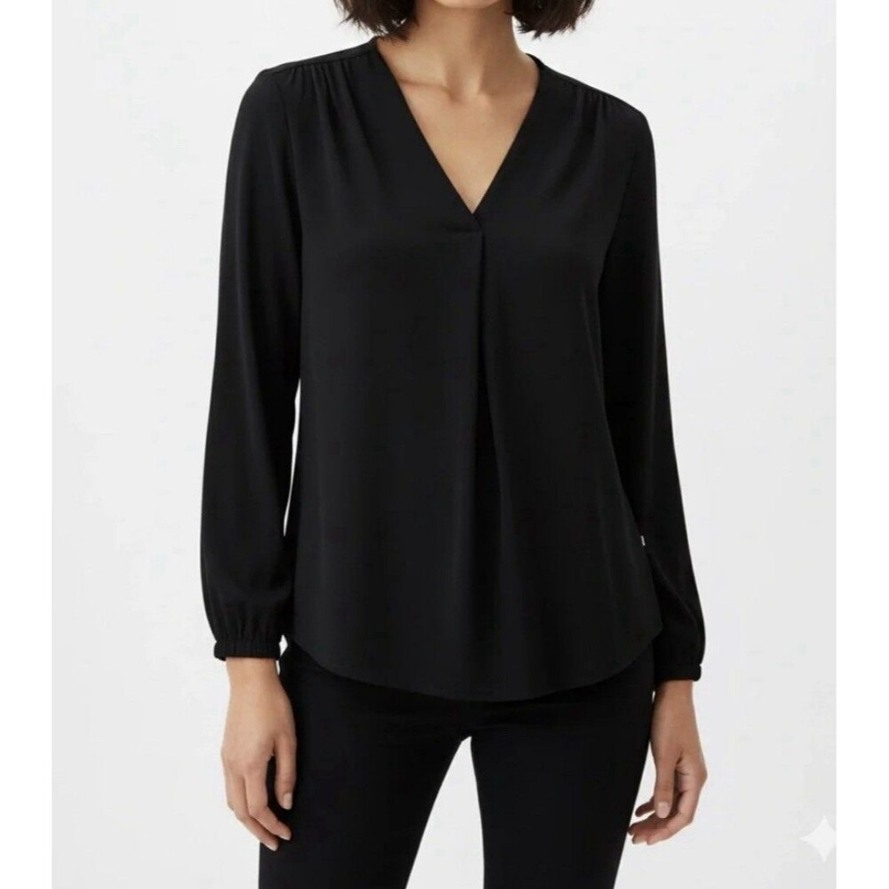 Vince Camuto Women's Flowy V-Neck Top Classic Black SatinSize XXL Smocked Cuffs